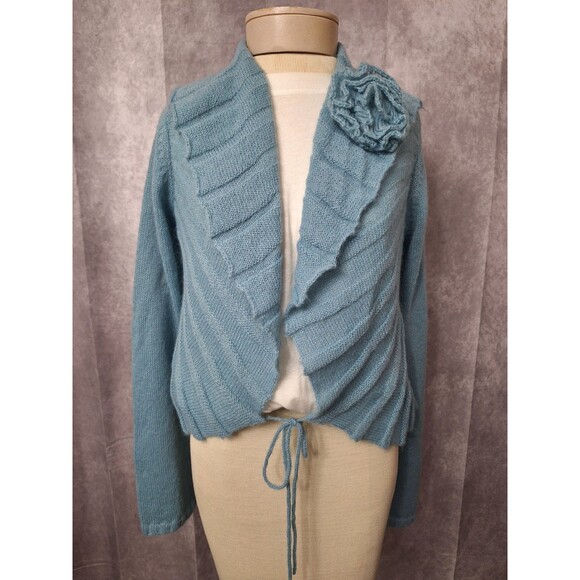 Intuitions Mohair Mermaid Aquamarine Tie Front Y2K Cardigan Women's M Soft Boho - Picture 3 of 9